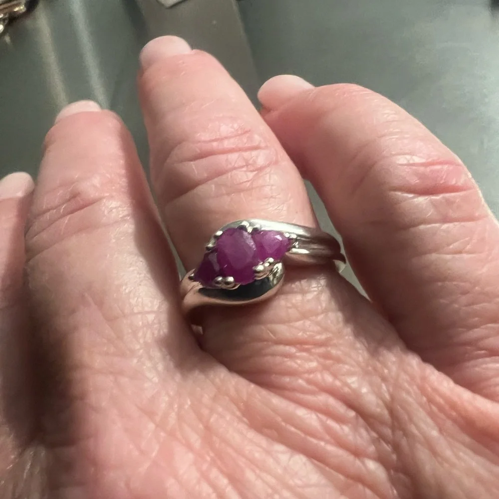 Sterling Silver & Genuine Ruby 3 Stone Ring - Picture 2 of 3